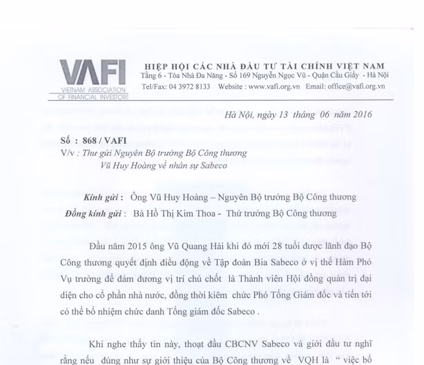 Văn bản của Hiệp hội các nhà đầu tư Tài chính (VAFI) gửi nguyên Bộ trưởng Công Thương Vũ Huy Hoàng và Thứ trưởng Hồ Thị Kim Thoa. Văn bản của Hiệp hội các nhà đầu tư Tài chính (VAFI) gửi nguyên Bộ trưởng Công Thương Vũ Huy Hoàng và Thứ trưởng Hồ Thị Kim Thoa.
