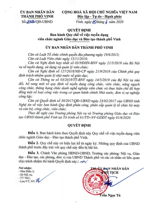 Quyết định 2727 của Ủy ban Nhân dân Thành phố Vinh (Ảnh:CTV)