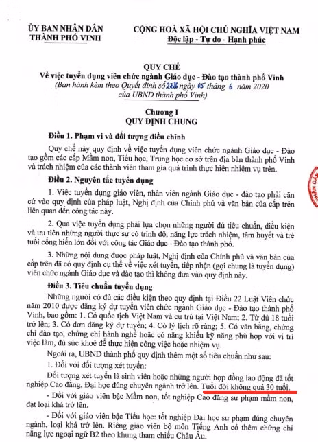 Tiêu chuẩn tuyển dụng giáo viên không quá 30 tuổi (Ảnh:CTV) Tiêu chuẩn tuyển dụng giáo viên không quá 30 tuổi (Ảnh:CTV)