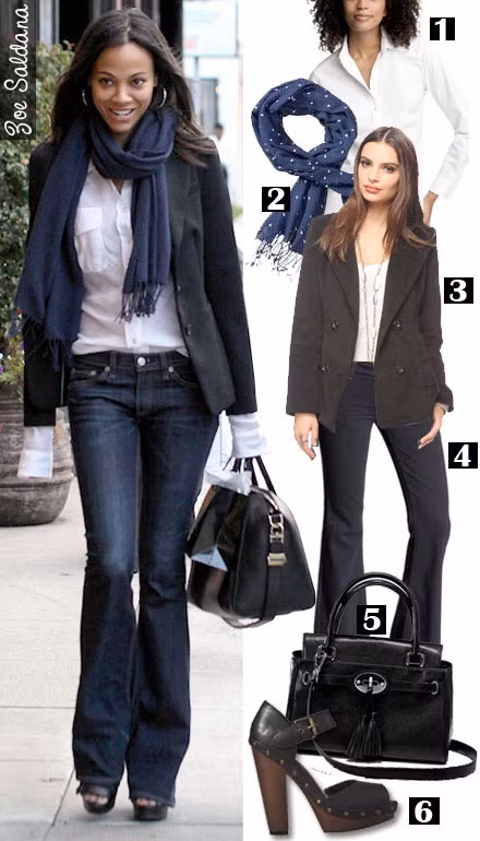 Boe Saldana trông như một nàng công sở thanh lịch khi mix jean loe với vest đen thanh lịch. Bạn đừng bỏ qua style này trong những ngày làm việc hăng say nhé.