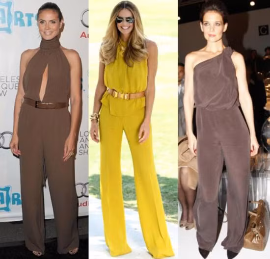 Chất liệu của những bộ jumpsuit có thể kể tới như: chất liệu sang trọng (mịn và rủ như lụa, satin), ít họa tiết, và hầu hết jumpsuit đều dài đến gót chân để thêm phần lịch sự. Xem thêm: Thời trang sao Hollywood/Thời trang sao Hàn/Thời trang sao Hoa ngữ/Thời trang sao Việt