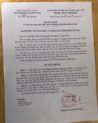 Quyết định 517 của Sở Giáo dục và Đào tạo tỉnh Kiên Giang cho ông Chung thôi việc (ảnh: P.L) Quyết định 517 của Sở Giáo dục và Đào tạo tỉnh Kiên Giang cho ông Chung thôi việc (ảnh: P.L)