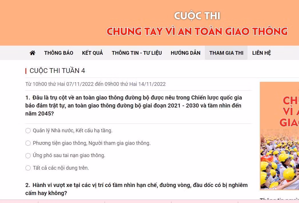Một số câu hỏi tại cuộc thi "Chung tay vì an tòan giao thông" trong tuần 4 từ 7/11 đến 14/11. (Ảnh: cắt màn hình)