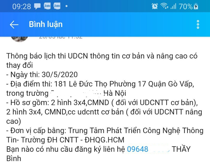 Một thông tin quảng cáo thi chứng chỉ ứng dụng công nghệ thông tin cơ bản (ảnh: P.L)