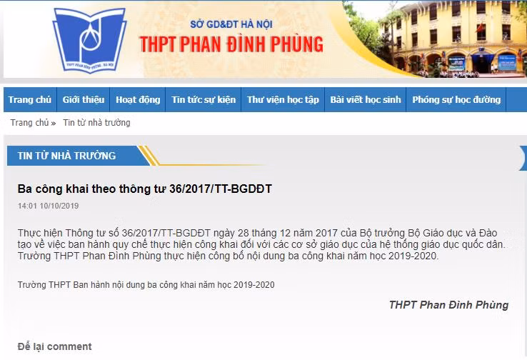 Ảnh chụp màn hình thông báo ba công khai theo Thông tư 36/2017/TT-BGDĐT của Trường Trung học phổ thông Phan Đình Phùng, Hà Nội, nhưng bên trong không có nội dung.