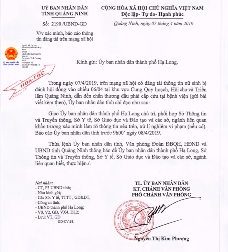 Văn bản chỉ đạo xử lý nghiêm vụ nữ sinh bị đánh hội đồng của Ủy ban nhân dân tỉnh Quảng Ninh (Ảnh: Lã Tiến)