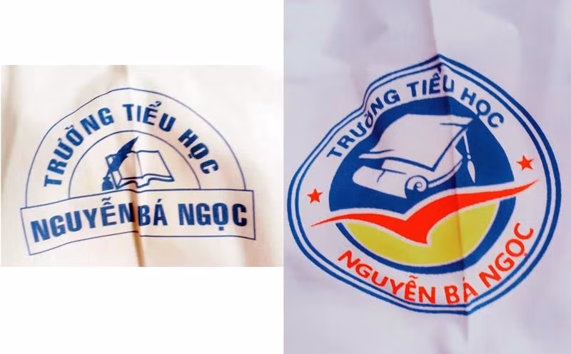 Logo cũ (bên trái) và logo mới (bên phải) trên bộ đồng phục của học sinh. (Ảnh: M.A)