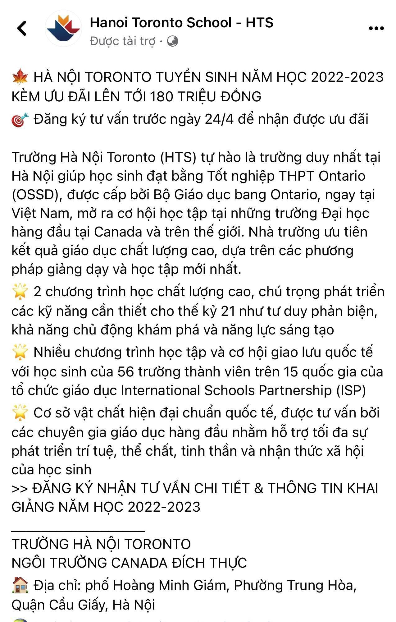 Thông tin tuyển sinh năm học 2022-2023 được quảng cáo công khai, rõ ràng trên facebook từ đầu tháng 4/2022 khiến không ít phụ huynh băn khoăn. Ảnh chụp màn hình Thông tin tuyển sinh năm học 2022-2023 được quảng cáo công khai, rõ ràng trên facebook từ đầu tháng 4/2022 khiến không ít phụ huynh băn khoăn. Ảnh chụp màn hình