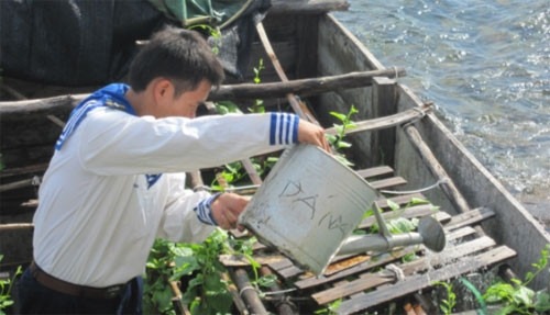 Hạ sỹ Lê Bá Khang chiến sỹ tín hiệu chăm rau xanh trên thôn đảo chìm Đá Nam