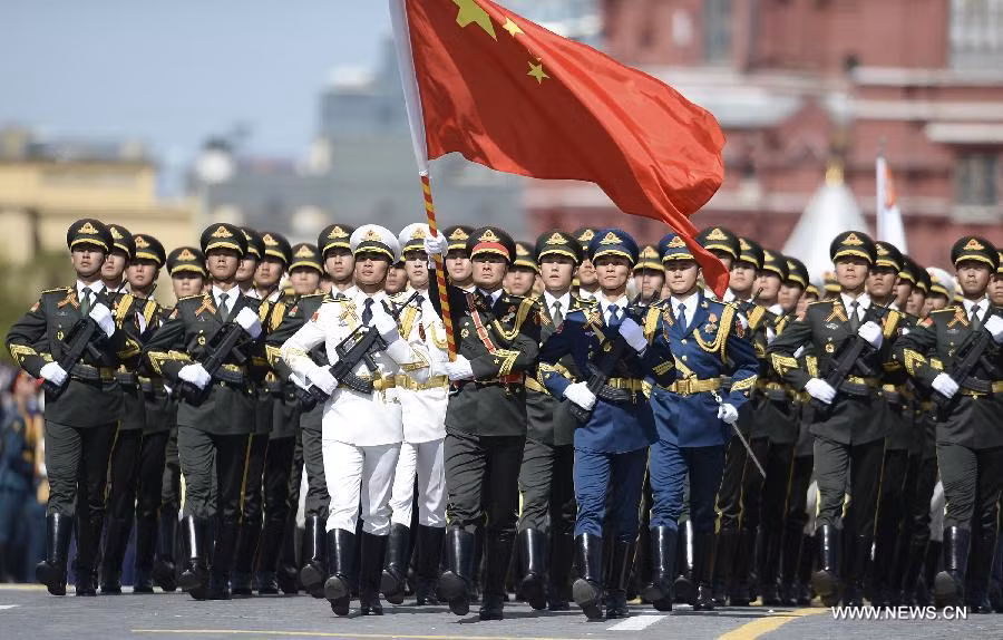 Lính Trung Quốc tham gia duyệt binh trên Quảng trường Đỏ, Moscow ngày 9/5. Ảnh: Tân Hoa Xã.