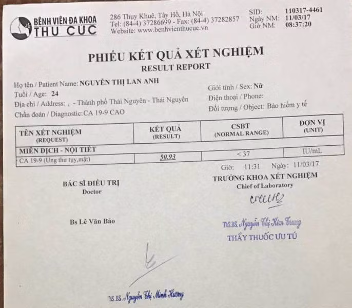 Kết quả xét nghiệm của chị Lan Anh tại Bệnh viện Thu Cúc với các chỉ số cao chỉ có ở người mắc bệnh ung thư giai đoạn cuối.