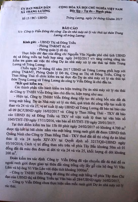 Báo cáo số 15/BC-UBND của Uỷ ban nhân dân xã Tràng Lương về việc Công ty Viễn Đông cố tình không thực hiện việc cắm mốc giới, không đổ bãi thải ra ngoài mốc giới