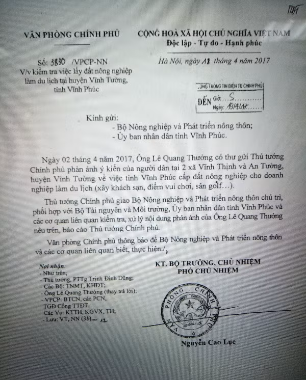 Công văn số 3830/VPCP-NN truyền đạt ý kiến chỉ đạo của Thủ tướng Chính phủ yêu cầu kiểm tra việc lấy đất nông nghiệp làm du lịch tại huyện Vĩnh Tường, tỉnh Vĩnh Phúc (ảnh nguồn Giáo dục Việt Nam)