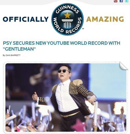 Kỷ lục Guiness lần thứ 4 mà Psy giành được khi vinh danh ca khúc mới Gentleman. Kỷ lục Guiness lần thứ 4 mà Psy giành được khi vinh danh ca khúc mới Gentleman.