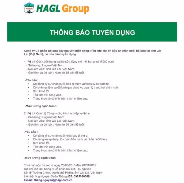 Thông báo tuyển nhân sự nhằm phát triển chăn nuôi bò của công ty con thuộc Tập đoàn Hoàng Anh Gia Lai