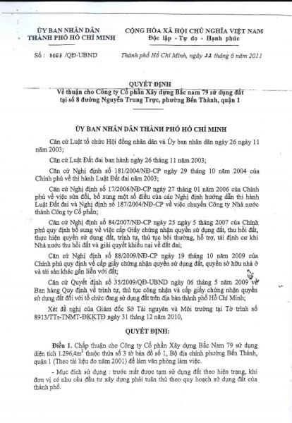 Quyết định số 3163/QĐ-UBND ngày 22/6/2011 của UBND TP. Hồ Chí Minh nêu việc chấp thuận cho Công ty Bắc Nam 79 sử dụng đất tại số 8 Nguyễn Trung Trực chứ không phải số nhà 69A Lý Tự Trọng, quận 1. Quyết định số 3163/QĐ-UBND ngày 22/6/2011 của UBND TP. Hồ Chí Minh nêu việc chấp thuận cho Công ty Bắc Nam 79 sử dụng đất tại số 8 Nguyễn Trung Trực chứ không phải số nhà 69A Lý Tự Trọng, quận 1.