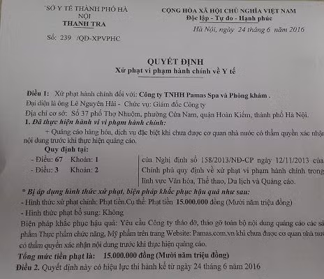 Quyết định số 239/QĐ- XPHC do ông Nguyễn Dương Trung, Phó Chánh thanh tra Sở Y tế Hà Nội ký.