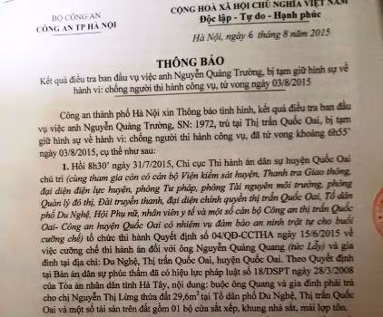 Thông báo của Công an Hà Nội về kết quả điều tra ban đầu vụ việc anh Nguyễn Quảng Trường tử vong sau khi bị tạm giữ (ảnh: XUÂN QUANG)