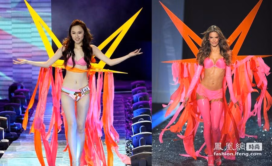 Một người mẫu Trung Quốc tại cuộc thi với người mẫu Alexander – Ambrosio tại show thời trang Victoria Secret 2010.