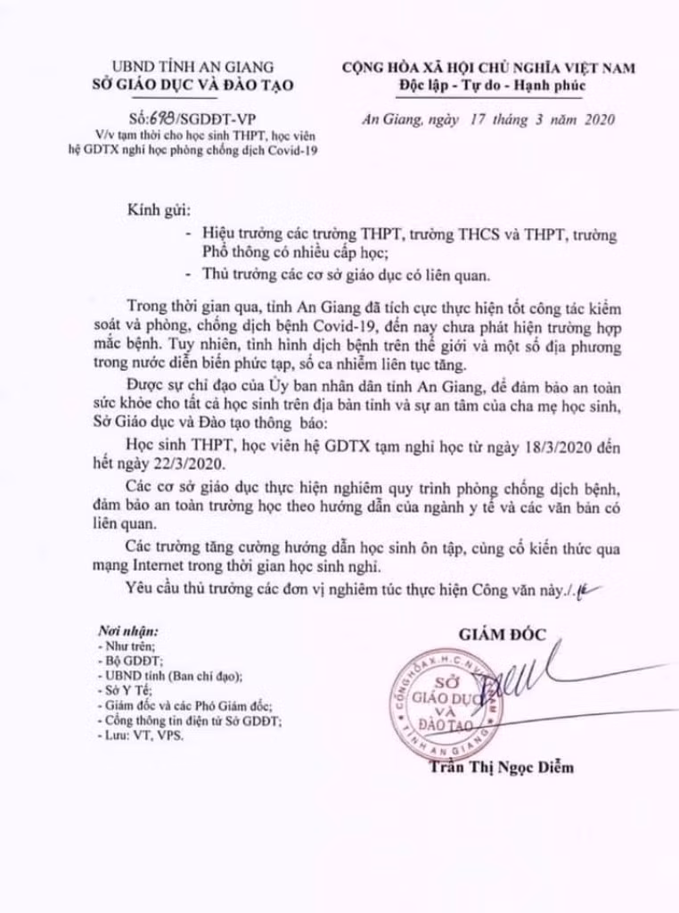 An Giang tạm thời cho học sinh nghỉ học từ ngày 18/3 đến hết ngày 22/3. (Ảnh: angiang.edu.vn)