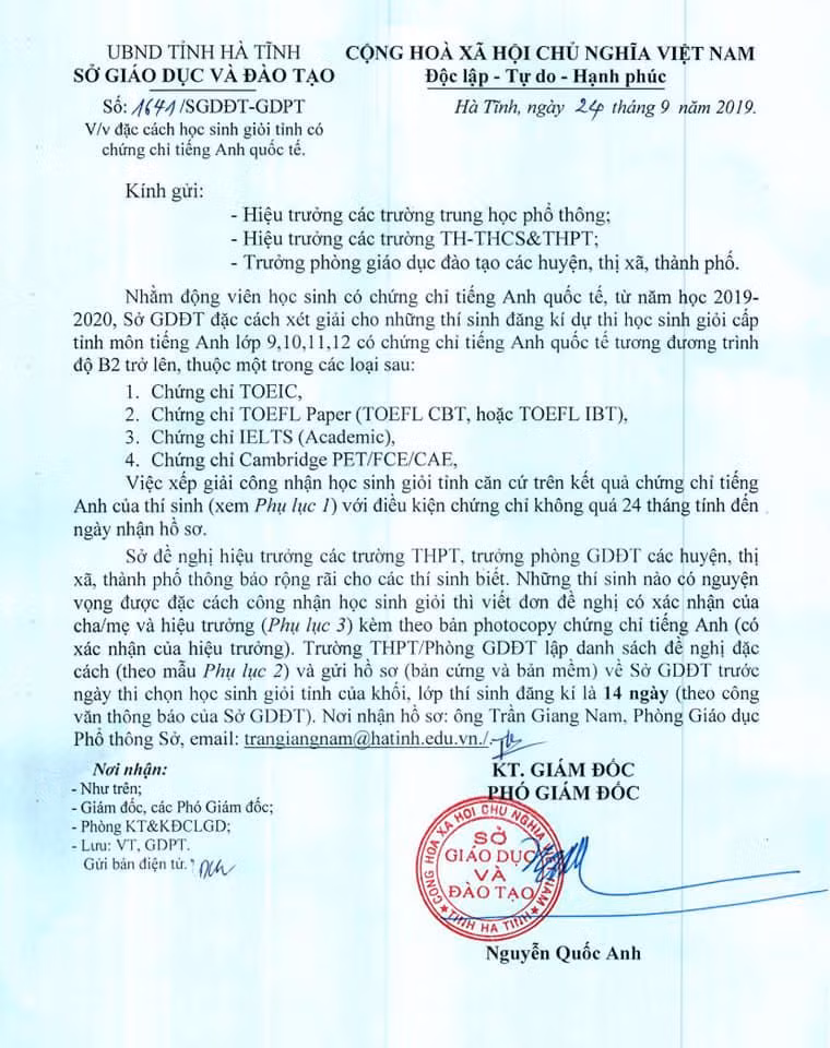 Văn bản hướng dẫn công nhận đặc cách học sinh giỏi cấp tỉnh môn tiếng Anh ở Hà Tĩnh (Ảnh chụp từ màn hình website: hatinh.edu.vn) Văn bản hướng dẫn công nhận đặc cách học sinh giỏi cấp tỉnh môn tiếng Anh ở Hà Tĩnh (Ảnh chụp từ màn hình website: hatinh.edu.vn)