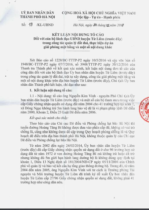 Ngày 24/2/2017, Ủy ban nhân dân thành phố Hà Nội đã ban hành Kết luận số 19/KL-UBND cũng nêu nhiều sai phạm của ông Lê Văn Thư. Ngày 24/2/2017, Ủy ban nhân dân thành phố Hà Nội đã ban hành Kết luận số 19/KL-UBND cũng nêu nhiều sai phạm của ông Lê Văn Thư.