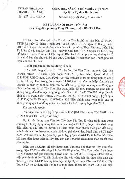 ngày 08/5/2017, Ủy ban nhân dân thành phố Hà Nội ban hành Kết luận số 39/KL-UBND trong đó có nêu rõ nhiều sai phạm của ông Lê Văn Thư. ngày 08/5/2017, Ủy ban nhân dân thành phố Hà Nội ban hành Kết luận số 39/KL-UBND trong đó có nêu rõ nhiều sai phạm của ông Lê Văn Thư.