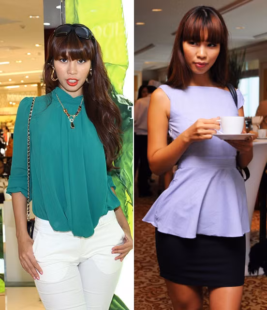 Những khi đổi gió sang style thanh lịch, công sở, Hà Anh chứng tỏ mình rất có gu mix đồ. Bộ cánh xanh - trắng bên trái được mix vòng cổ làm điểm nhấn rất tinh tế.