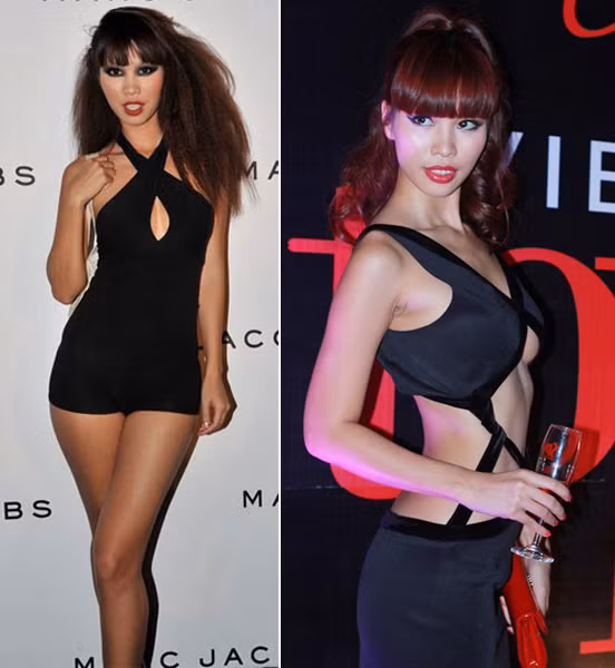 Hà Anh cũng là một trong số ít những chân dài dũng cảm lăng xê các kiểu mốt lạ, siêu sexy chẳng hạn như chiếc váy khoét khoe trọn phần bụng (hình phải).