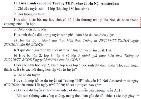 Trường trung học phổ thông chuyên Hà Nội - Amsterdam hệ trung học cơ sở được tuyển sinh toàn thành phố (Ảnh chụp màn hình)
