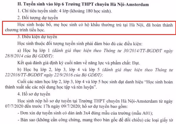 Trường trung học phổ thông chuyên Hà Nội - Amsterdam hệ trung học cơ sở được tuyển sinh toàn thành phố (Ảnh chụp màn hình)
