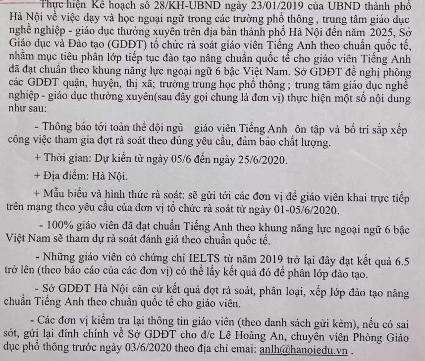 Công văn của Sở Giáo dục và Đào tạo Hà Nội gửi các trường phổ thông toàn thành phố