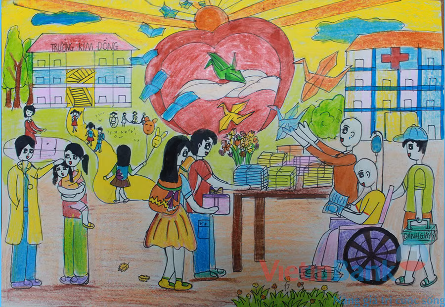 Với chủ đề "Ước mơ của em" em đã vẽ nên những ước mơ, những mong muốn của em tới các bạn.Em biết mong muốn của em đều là ước mơ của tất cả mọi người.Nhất là những người có bệnh hiểm nghèo,đang từng ngày từng tháng chiến đấu với bệnh tật mà trong lòng vẫn có ước mơ của riêng mình.Tuy mộc mạc,giản dị nhưng chân trọng biết bao...(mong ước được ra viện trong vòng tay ấm áp của mẹ và những người thân yêu,được đi học như bao bạn cùng trang lứa, được vui chơi nô đùa dưới mái trường thân yêu).Những con hạc giấy đủ màu sắc là những điều ước đó.Điều ước nhỏ nhoi mà hết sức linh thiêng, hình tượng con hạc giấy được em cách điệu thành những quyển vở, cuốn sách bay cao bay xa tới ánh nắng mặt trời.Mang theo ước mong của các bạn, không chỉ cộng đồng cùng chung tay chia sẻ những mất mát đau thương của các bạn có bệnh hiểm nghèo, mà còn cả các em học sinh và những em bán báo,đánh giầy...cũng có hành động tương thân tương ái. Em yêu thương chân trọng các bạn biết chừng nào.Em mong được làm nghề bác sĩ để chăm sóc những người khó khăn,mắc bệnh hiểm nghèo. "Bay xa, bay cao, những ước mơ Có nghị lực, có thành công các bạn ơi !!!"
