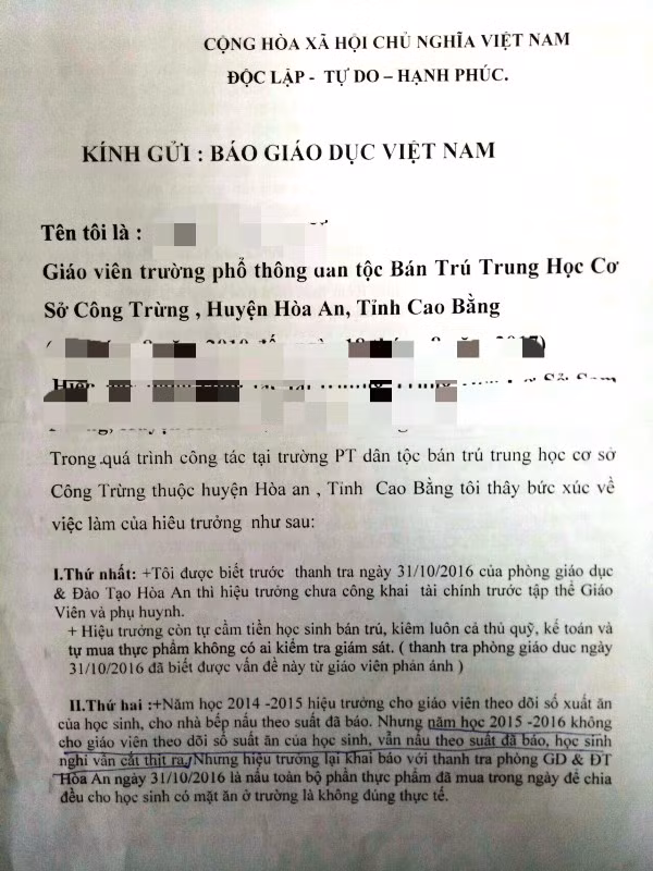 Đơn tố cáo Bà Bế Thị Hằng, Hiệu trưởng Trường phổ thông dân tộc bán trú Trung học cơ sở Công Trừng, huyện Hòa An, tỉnh Cao Bằng. Ảnh: Trực Ngôn