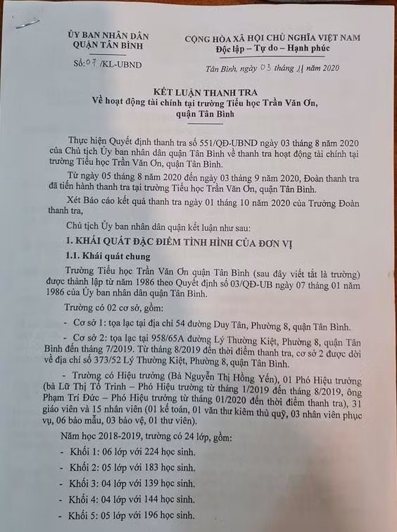 Trích kết luận thanh tra số 07 do Chủ tịch Ủy ban nhân dân quận Tân Bình ký (ảnh: P.L) Trích kết luận thanh tra số 07 do Chủ tịch Ủy ban nhân dân quận Tân Bình ký (ảnh: P.L)