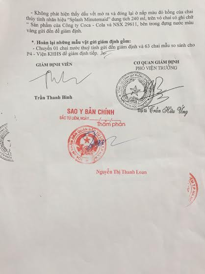 Kết luận của Viện Khoa học hình sự khẳng định không phát hiện dấu vết mở ra và đóng lại nắp chủa chai nước Splash chứa tạp chất.