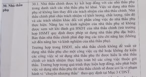 Ảnh chụp một phần trang 16, mục 30. Nhà thầu phụ, Hồ sơ mời thầu của Sở Giáo dục và Đào tạo Hà Nội.