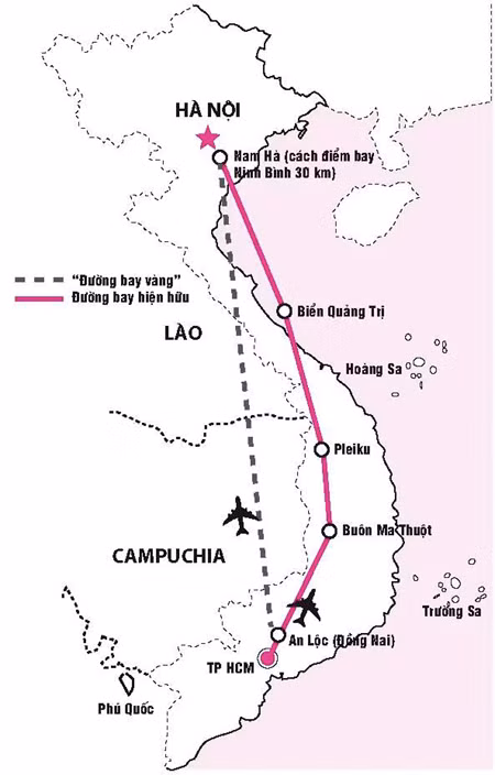 Đường bay hiện nay (màu hồng) và đường bay thẳng theo đề xuất của ông Trần Đình Bá.