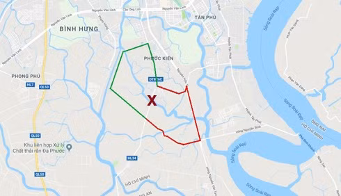 Sơ đồ điều tiết phương tiện lưu thông tránh cầu Long Kiển bị sập. (Ảnh: Đ.Q) - Đường màu đỏ, hướng đi của phương tiện từ huyện Cần Giuộc (tỉnh Long An) về quận 7 (thành phố Hồ Chí Minh). - Đường màu xanh lá, hướng đi của phương tiện từ quận 7 về huyện Cần Giuộc. - Dấu (X) vị trí cầu Long Kiển bị sập nhịp thông thuyền.