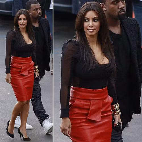 Kim Kardashian sành điệu khi kết hợp chân váy da đỏ cùng áo đen