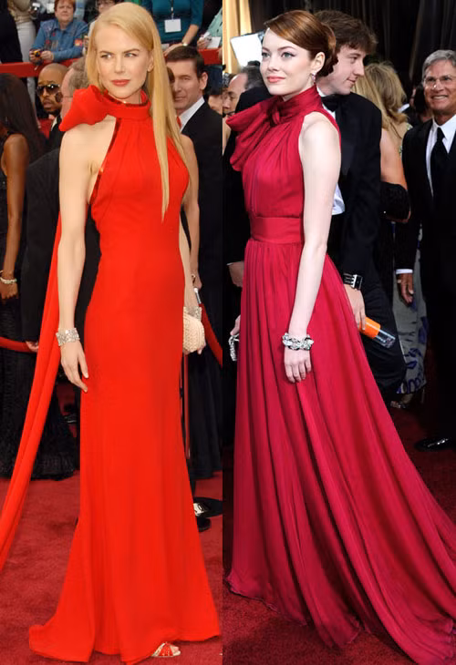 Emma Stone (đầm hồng) và Nicole Kidman cùng tạo điểm nhấn dịu dàng phần cổ váy nhờ chiếc nơ xinh