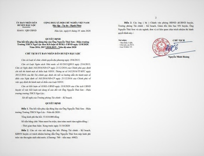 Quyết định thu hồi tiền đứng lớp sai phạm của Ủy ban nhân dân huyện Hậu Lộc (Thanh Hóa) đối với ông Nguyễn Thái Sơn- Hiệu trưởng trường Trung học cơ sở Ngư Lộc. Ảnh: LC