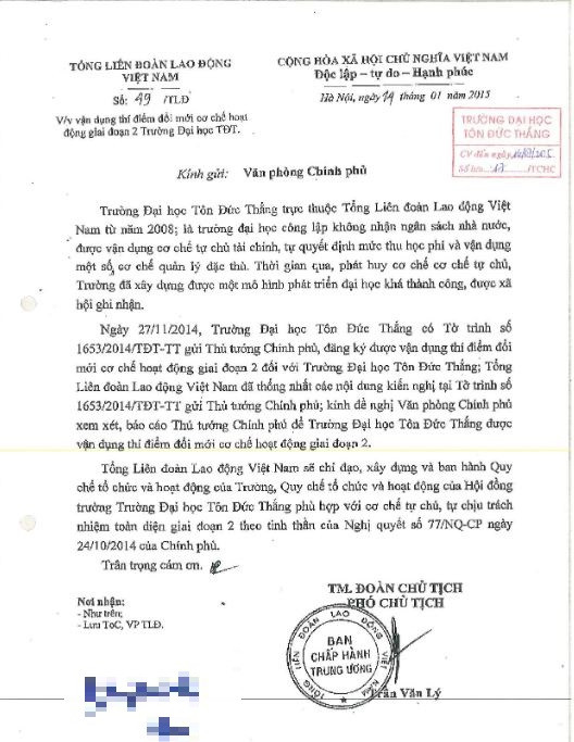 Bản chụp Công văn số 49/TLĐ ngày 14/01/2015 của Tổng Liên đoàn Lao động Việt Nam.
