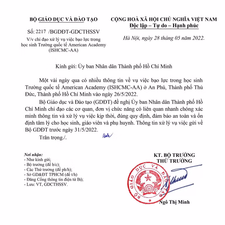 Văn bản của Bộ Giáo dục và đào tạo gửi Uỷ ban nhân dân TP.HCM chỉ đạo xử lý vụ việc tại trường Quốc tế Thành phố Hồ Chí Minh Văn bản của Bộ Giáo dục và đào tạo gửi Uỷ ban nhân dân TP.HCM chỉ đạo xử lý vụ việc tại trường Quốc tế Thành phố Hồ Chí Minh
