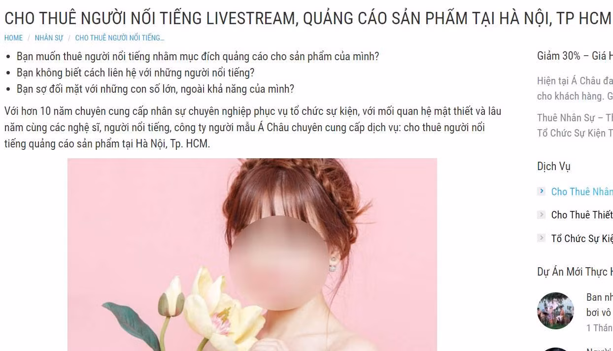 Có cả dịch vụ cho thuê người nổi tiếng để quảng cáo sản phẩm. Ảnh: Chụp màn hình. Có cả dịch vụ cho thuê người nổi tiếng để quảng cáo sản phẩm. Ảnh: Chụp màn hình.