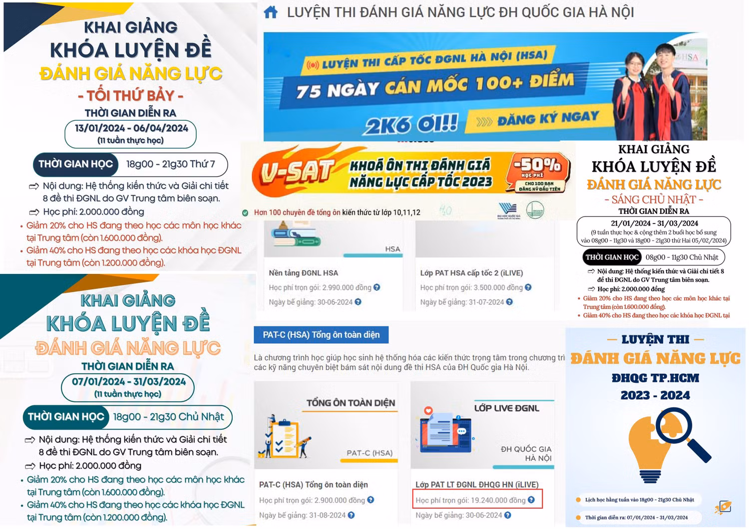 Nhan nhản quảng cáo lớp luyện thi đánh giá năng lực, đánh giá tư duy, V-SAT... Ảnh chụp màn hình.