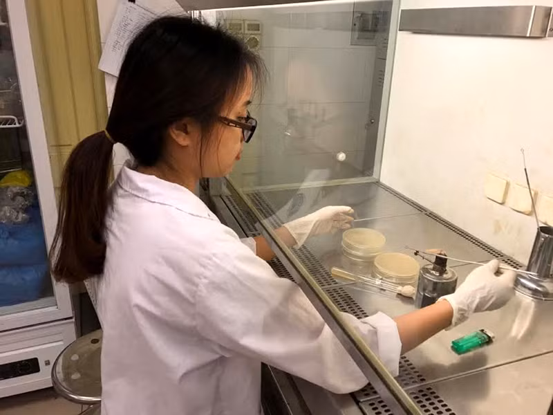 Mai Anh trong phòng thí nghiệm công nghệ sinh học- vi sinh của trường Đại học Sư phạm Hà Nội (Ảnh: nhân vật cung cấp)