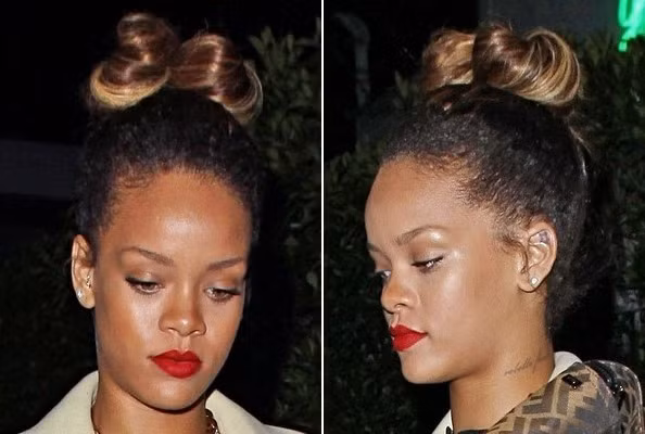 Rihanna quả là một cô nàng phá cách, búi tóc hình nơ xinh xắn trên đỉnh đầu là lựa chọn hợp lý của cô khi đi dạo phố.