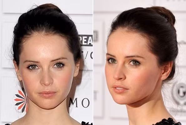 Felicity Jones búi tóc giản dị và không hề chải chuốt, trông cô thân thiện và hiền hơn với kiểu tóc này.