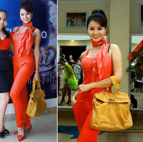 Vũ Thu Phương có lựa chọn sai lầm khi phối trang phục đỏ rực rỡ của cô với chiếc túi màu vàng, sẽ thanh lịch và đỡ chói mắt hơn khi cô đeo túi màu trắng.